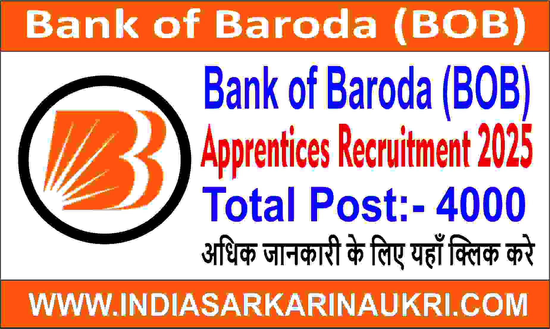 Bank of Baroda (BOB) Apprentice Recruitment 2025 Apply for 4000 Posts
